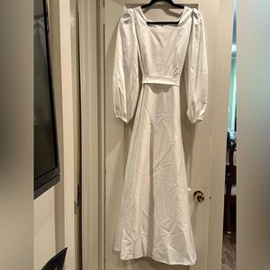 Satin Simple Square Neck, Long Sleeve, White Dress